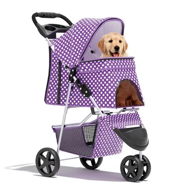 Дитяча коляска для котів та собак, 3 колеса, фіолетовий принт, з кошиком та тримачем для напоїв