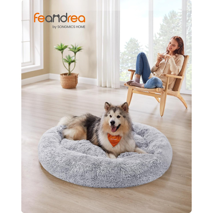 Кругле ліжко для собак та котів Feandrea з м'яким плюшем, діаметр 140 см, Ombré-Сірий колір, знімний наповнювач