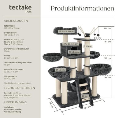 Дерев'яний комплекс для котів Tectake XXL, 195 см, з гамаком, сходами, печерею та когтеточками з сизалю, сірий/білий | 403327