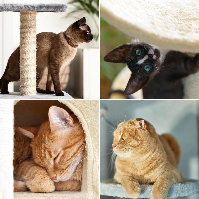 Котячий дряпак Wiltec 141 см, сірий, з сизалем, будиночком, гамаком і лежанкою, ігровий комплекс для котів