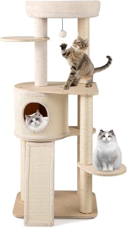 Дерев'яний котячий комплекс COSTWAY 143 см з когтеточкою, платформою, сходами та іграшкою. Активний комплекс для котів з печерею та сизалевими стовпчиками.