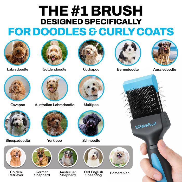 Слікер-щітка The Doodle Brush для пуделів та дудлів: гнучка щітка з довгими зубцями для розплутування та догляду за кучерявою шерстю довгошерстих собак