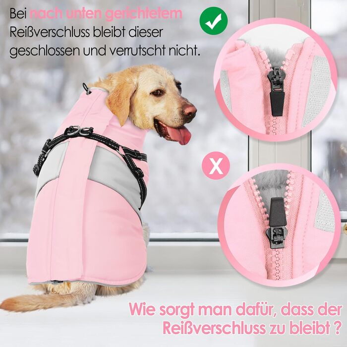 Водонепроникний теплий зимовий одяг для собак AOFITEE, рожевий XS, з шлейкою, з блискавкою та флісовою підкладкою, світловідбиваючий