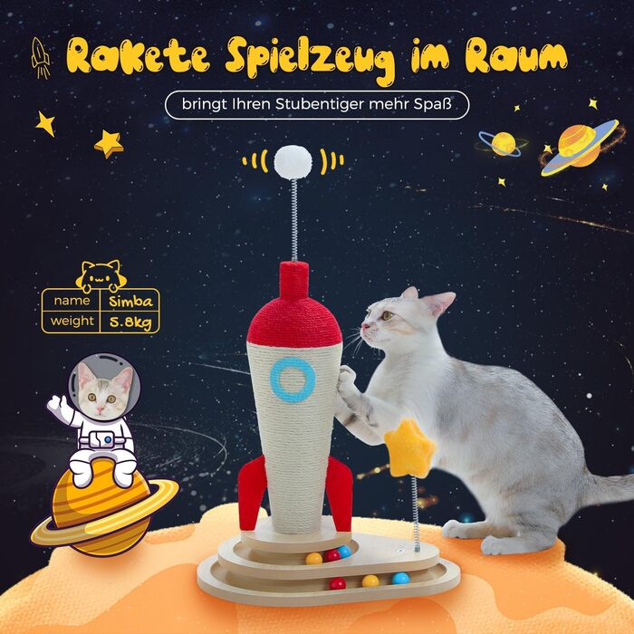 Інтерактивна іграшка для котів PETEPELA з подряпальним стовпчиком у формі ракети, кулькова траса, пір'їнка, з масиву дерева, багатофункціональна