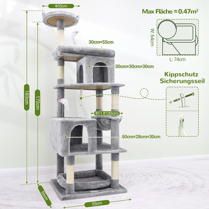 Дряпальня для котів Globlazer XXL, чорно-червона, 183 см, з будиночком, гамаком, платформами, кошиком, для великих порід (Maine Coon, BKH)