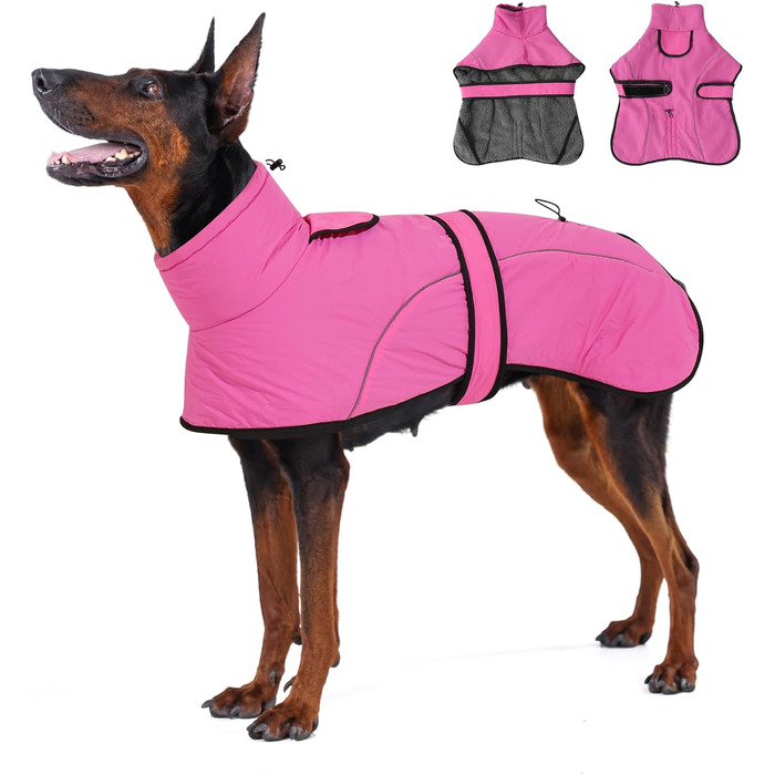 Водонепроникний зимовий одяг для собак Dotoner з повідком. Теплий зимовий одяг для собак з флісовою підкладкою, вітронепроникний, світловідбиваючий, для великих собак (M, Рожевий)