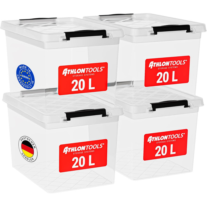 Коробки для зберігання ATHLON TOOLS 4шт по 20 літрів з кришкою, харчові, прозорі, з затискачами, з 100% нового пластику, стекуються | 20 л | 4 шт.