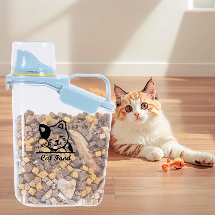 Контейнер для котячого корму 2.8L: герметичний, з мірним стаканчиком та ручкою. Підходить для собак та котів, BPA-free, прозорий.