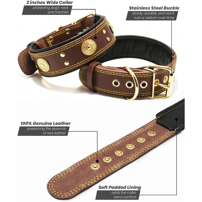 Шкіряний нашийник для собак, 5 см, ручної роботи, преміум якість, для великих та середніх порід, M (53.5-63 см, золотисто-коричневий)