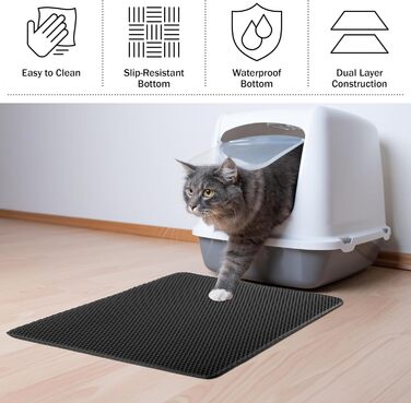 Водонепроникний килимок для котячого туалету PETMAKER 30x24 см, двошаровий, вловлює наповнювач, протиковзкий, чорний