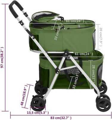 Складаний візок для собак vidaXL на 2 тварини, зелений, 83x48x97 см, оксфордська тканина