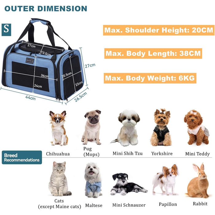 Транспортна переноска для котів та маленьких собак Petsfit, блакитна, S, з захисним ременем та розкладною підстилкою