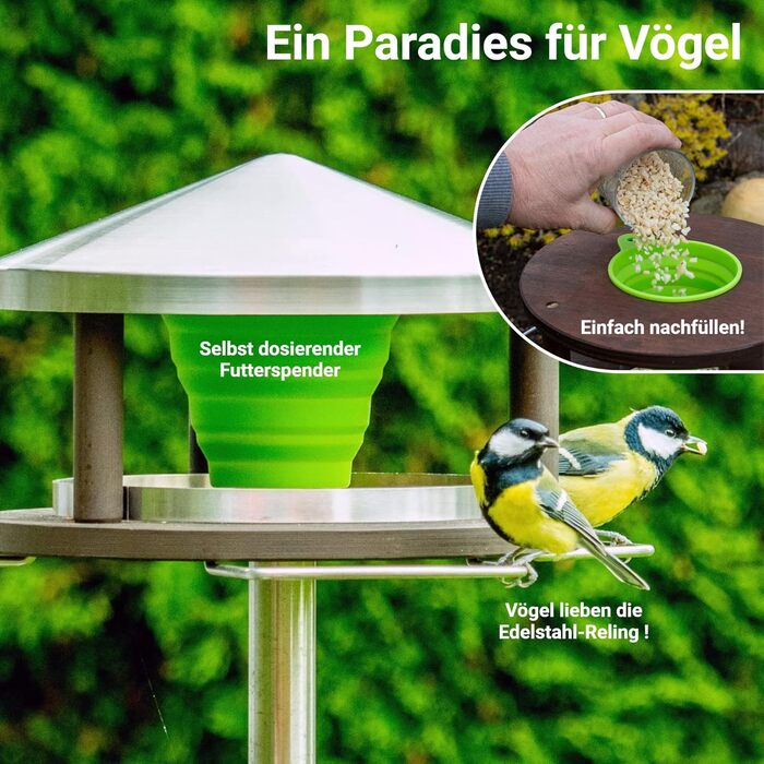 Пташник LicusDesign з підставкою: стійкий, з нержавіючої сталі, для вулиці. Сучасний годівничка для птахів з металу, коричнево-зелений воронка