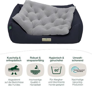 Ортопедичне екологічне ліжко для собак HOUND & NATURE Zürich M, флісове, двостороннє, середнє, 95x70 см, темно-синє, пране