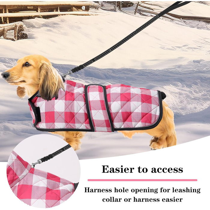 Водонепроникний собачий плащ Geyecete для такс, зимовий, з флісовою підкладкою, регульований, для вулиці, розмір M (довжина спини 42-45 см), в клітинку, рожевий