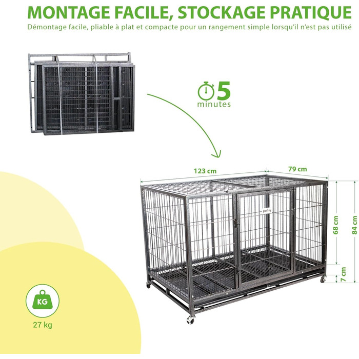 PAITSY Клітка для собак для дому MouvedyXL, 123x79x84 см, 2XL транспортна переноска з фіксованими колесами, складна, 2 двері, знімний піддон