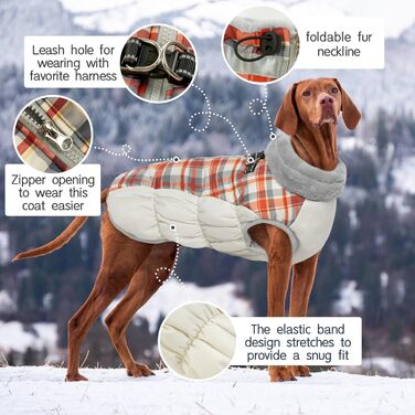 Зимовий теплий куртка для собак Kuoser, водонепроникний та вітрозахисний, з підкладкою з флісу, світловідбивачі, блискавка, комір з хутром, D-кільце, для малих собак, XS, червоний в клітинку