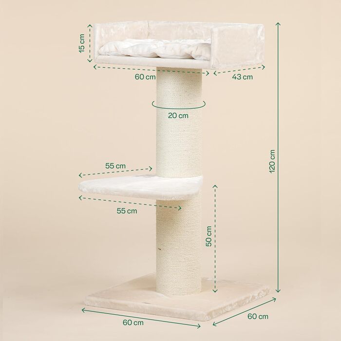 Дряпак для великих котів RHRQuality Maine Coon Lounge 120 см, товсті 20 см сизалеві стовпи, кремовий