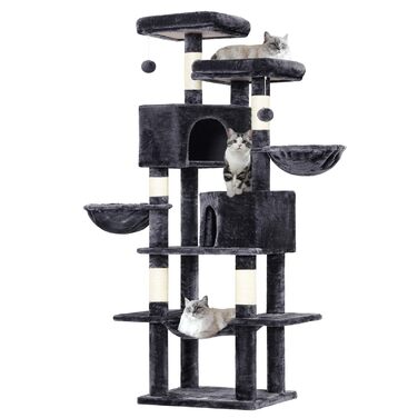 MSmask Котячий будиночок-кігтеточка великий, 180 см, багатоповерховий, з сизалевими стовпами, 2 платформи, 2 будиночки, кошик, гамак, стабільний, сірий
