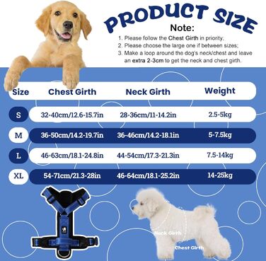 Шлейка для собак середнього розміру, світловідбиваюча, анти-тяга, з м'якою підкладкою та ручкою, для собак та цуценят (S, блакитна)