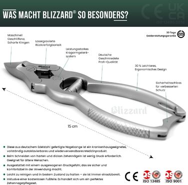 Професійний щипці для товстих та врослих нігтів на ногах Blizzard, 15 см, педикюрний інструмент із нержавіючої сталі для чоловіків та літніх людей