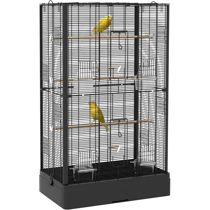 Клітка для птахів PawHut 61x36,5x98 см, чорна, з дверцятами, жердочками, висувним піддоном, годівницями та ручками для корел, хвилястих папуг, канарок, амадин