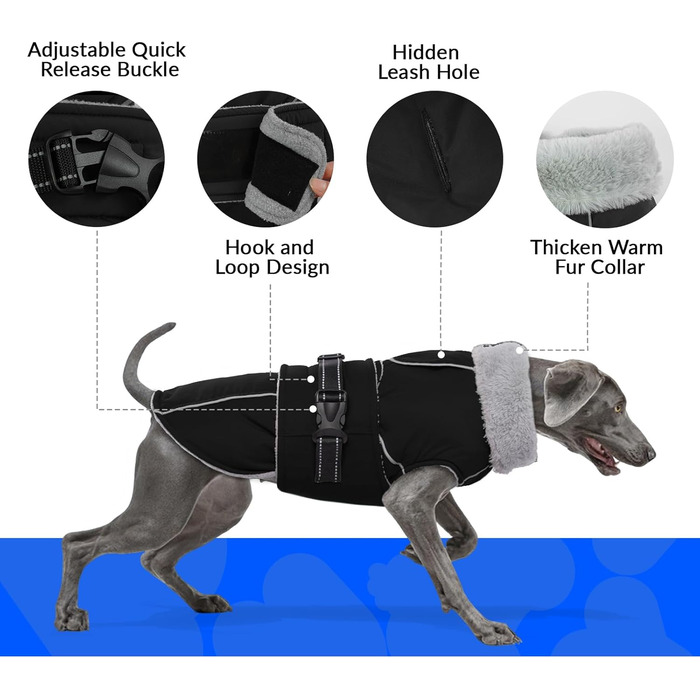 Водонепроникна куртка для собак на зиму, тепла жилетка для великих собак, флісова куртка з світловідбиваючими елементами, чорний колір, розмір XL