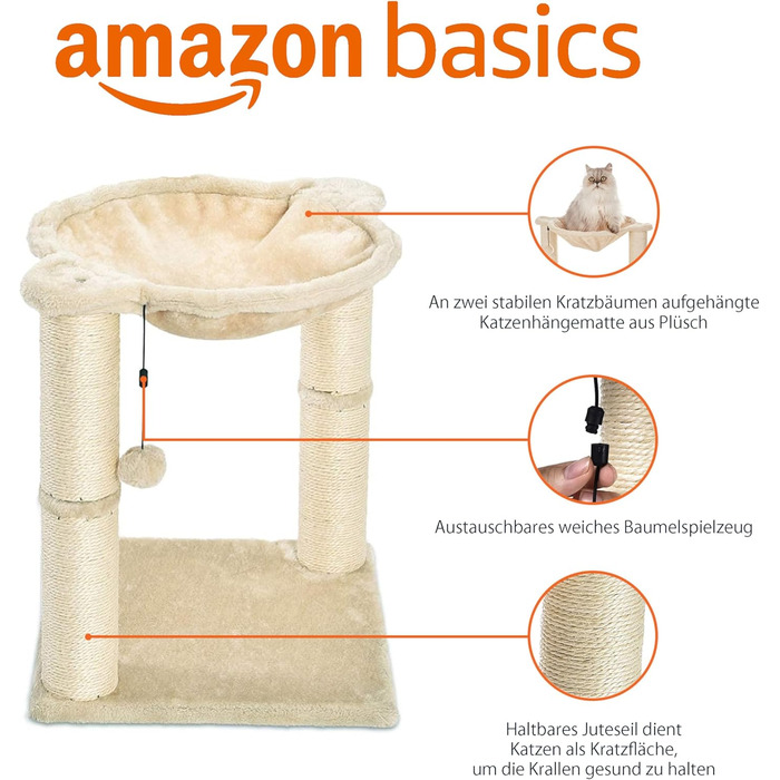 Котячий дряпак Amazon Basics з будиночком, гамаком, лежаком і стовпом для точіння кігтів, 41x51x41 см, бежевий
