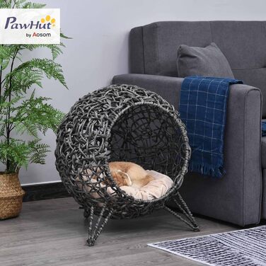 Павучий дім для котів PawHut з ротангу з подушкою, котячий будиночок, котяча печера з піднятими ніжками, сріблясто-сірий, Ø52 x 58 см