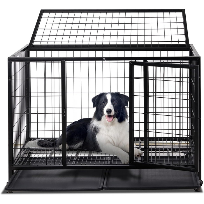 Міцна переносна переноска для собак, 109x76x87 см, 2 дверцята, фіксуючі колеса, знімний піддон – для середніх та великих собак – чорна