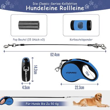 Висувна поводок для собак VTOPVMAX - для середніх та великих собак до 50 кг | Міцний поводок з безпечним кабелем, дозатор для відходів та гальмо однією рукою (Білий) Білий (8 м, Синій)