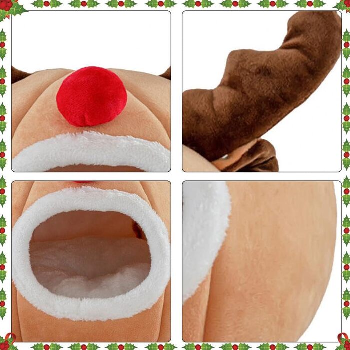 Кругле ліжко для домашніх тварин: котів, собак, кроликів. З м'якого матеріалу, у вигляді наметового будиночка з оленем на тему Різдва.