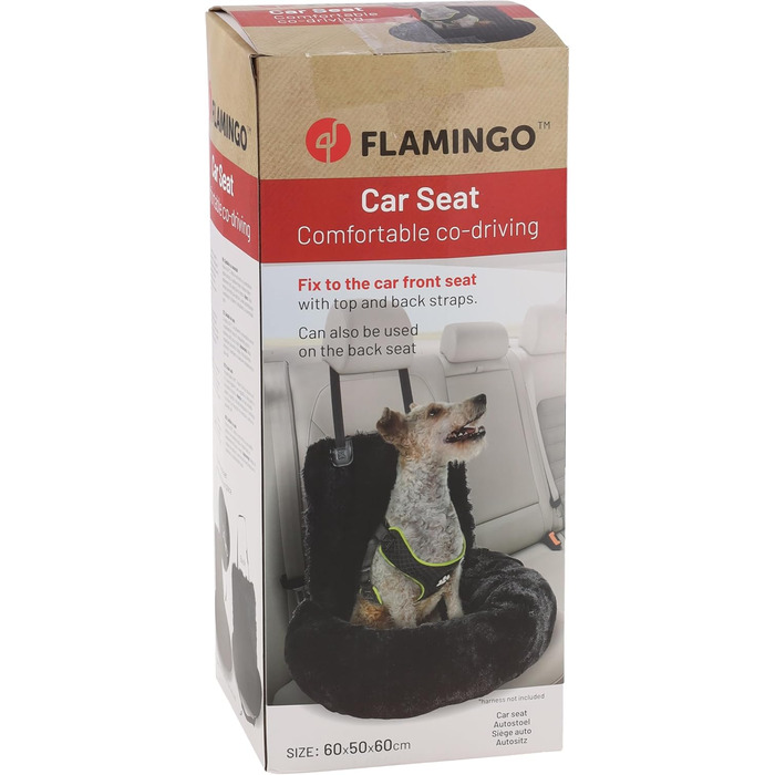 Автокрісло для собак Flamingo Krems чорного кольору, 60x50x20 см, знімні подушки, регульовані ремені та короткий поводок
