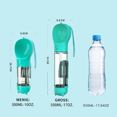 Водяна пляшка для собак Fantasybear 3-в-1 з контейнером для їжі, 300 мл, блакитна. Без BPA. Підходить для великих та маленьких собак та котів. Для прогулянок, подорожей та активного відпочинку.