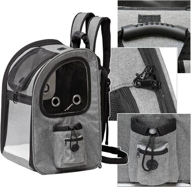 Рюкзак для собак та котів Fudajo, 32x27x40 см, до 6 кг, чорно-сірий, розкладний, для подорожей