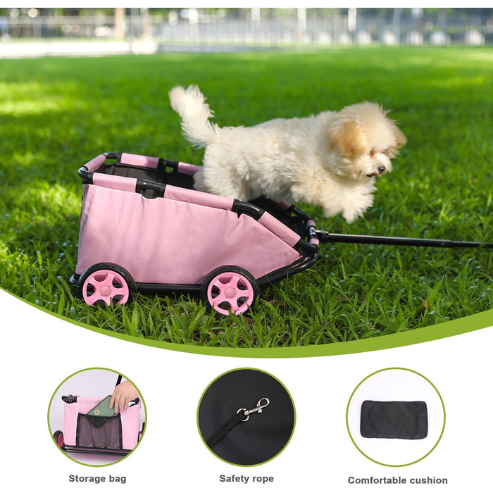 Міні-візок для маленьких тварин, складний багатофункціональний візок для покупок з висувною ручкою, для прогулянок на вулиці, з вбудованим матрацом та страхувальним тросом, з кишенькою для зберігання (Рожевий)