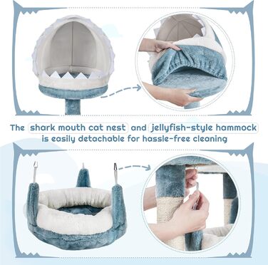 Котячий комплекс Yaheetech Meer Kratzbaum, великий, сучасний дизайн 'Океан', з гамаком та мотузкою з сизалю, 115 см, блакитно-білий