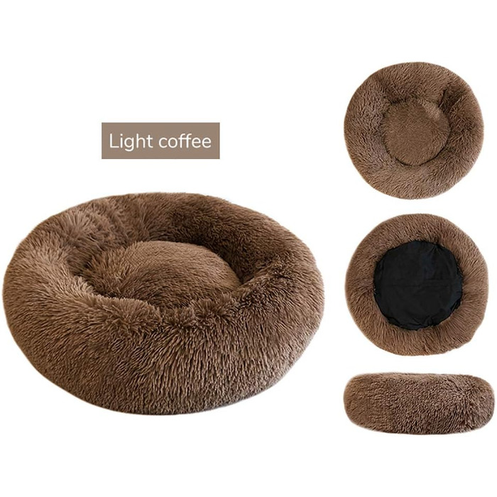 Кругле м'яке ліжко для собак та котів Deluxe з плюшу, форма пончика, діаметр 70 см, світло-коричневий колір, водонепроникне дно