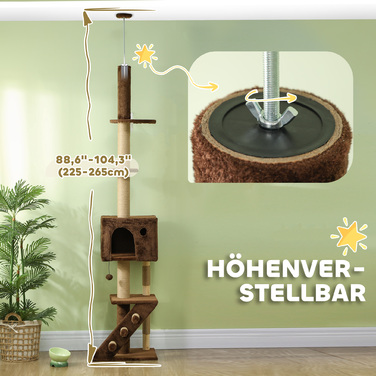 PawHut Cat Tree Стеля висока, Cat Tree, 225-265 см Кігтеточка для кішки з котячою печерою, дряпаючі стовбури, Play Ball, Меблі для кішок із захистом проти нахилу, коричневий | Аосом