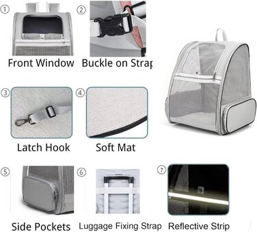 Рюкзак для кота/собаки Hykiee, переноска для тварин до 8 кг, дихаючий, з вікном та строєм, сірий