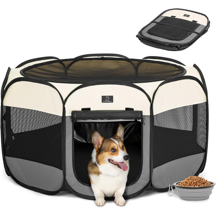Клітка-загон для собак на 4 місця, великий розмір, портативна, з водонепроникним дном та блискавкою, для дому та вулиці, з мискою, темно-сірий та рожевий (M з мискою, темно-сірий та бежевий)