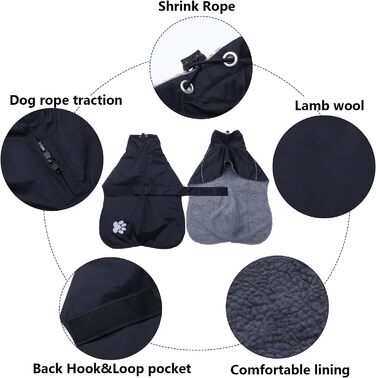 Дощовик для породистих собак Віндхаунд, теплий, чорний, XL/XXL (довжина спини 66-74 см)