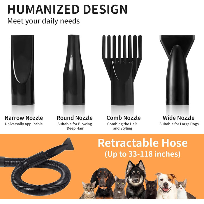 Сушарка для собак 3200W - безшумна сушарка для собак з регулюванням швидкості та температури, 4 насадки, щітка