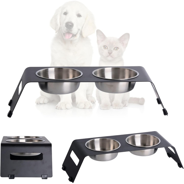 Підвищена годівниця для котів PETLINUS: керамічний та металевий набір, зручна годівниця для котів та маленьких собак, чорна