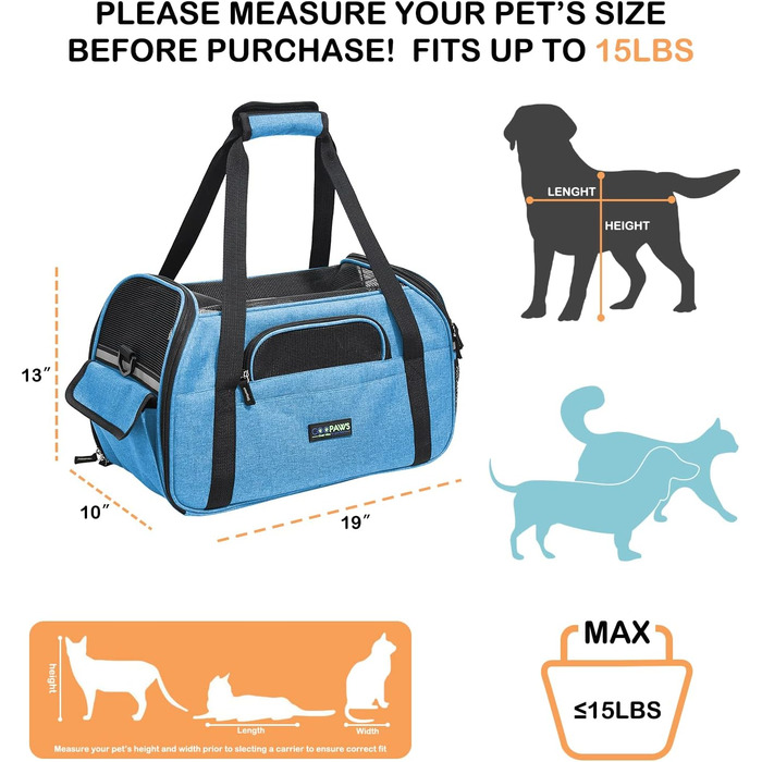 Транспортний бокс для тварин Jespet, м'які стінки, зручний, для подорожей, для котів та цуценят, 17' x 9' x 11.5', блакитний