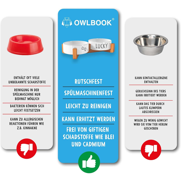 OWLBOOK Миска для собак з гравіюванням імені - подвійна миска з кераміки та бамбука, 300 мл