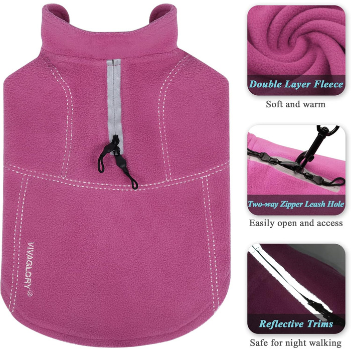 Теплий зимовий пуховик для собак VIVAGLORY Softpad, флісова куртка з захистом живота та клямками, світловідбиваюча, регульована, S/L (Обхват грудей: 67-74см, Шия: ~50см), Фуксія