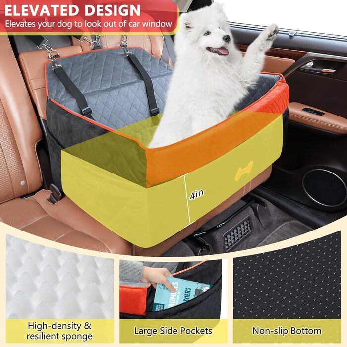 Автокрісло для собак PetsHome - чорне, для середніх та великих собак, знімний, з Memory Foam, з кишенями та ременями безпеки