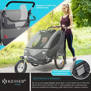 Дитячий велопричіп KESSER® 2в1 з поворотним механізмом 360° та амортизацією. Підходить для 1-2 дітей (до 40 кг). З п'ятиточковим ременем безпеки та сигнальним прапором. Колір: світло-сірий.