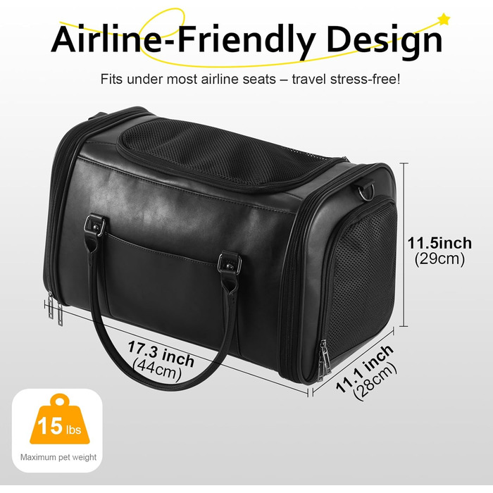 Сумка-переноска для тварин Johomviin з натуральної шкіри для собак та котів до 6,8 кг, схвалена авіакомпаніями, чорна